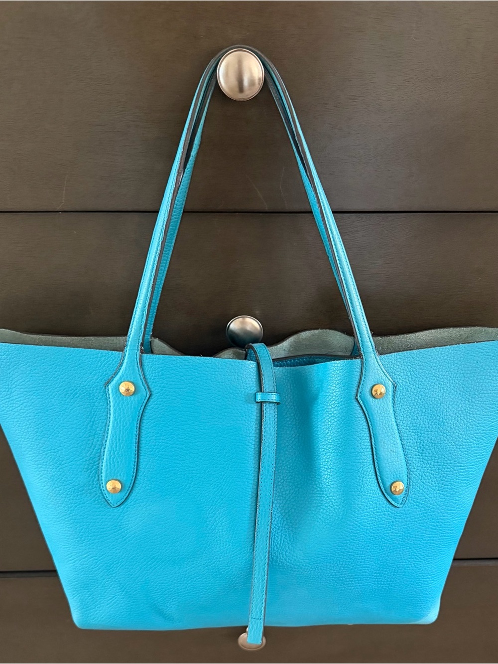 Annabel Ingall Turquoise Pebbled Leather Tote with Pull-Tie